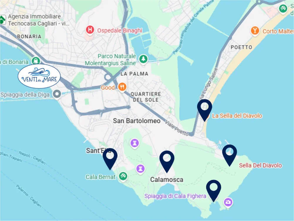 Una cartina che mostra le tappe dell'Escursioni in barca Cagliari - Eventi da Amare